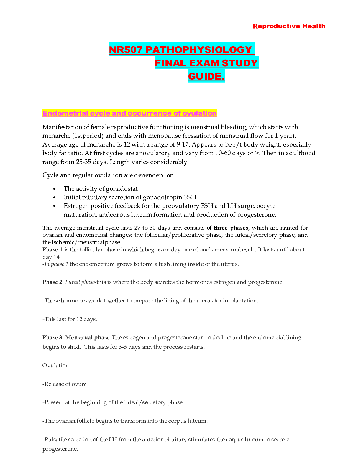 Preview image for NR 507 Pathophysiology Final Exam Study Guide